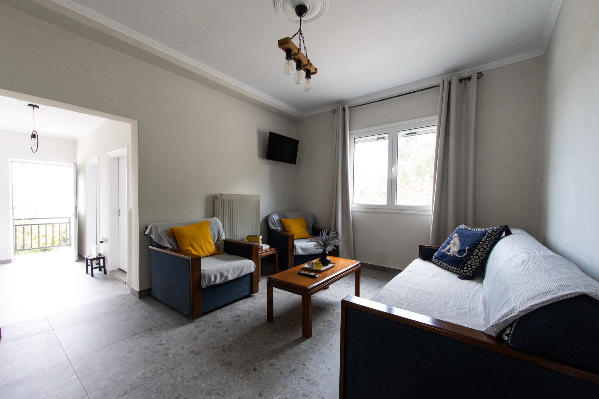 Living room with sofas, TV and garden view